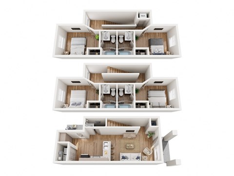 the 3d floor plan of a residence with bedrooms and baths